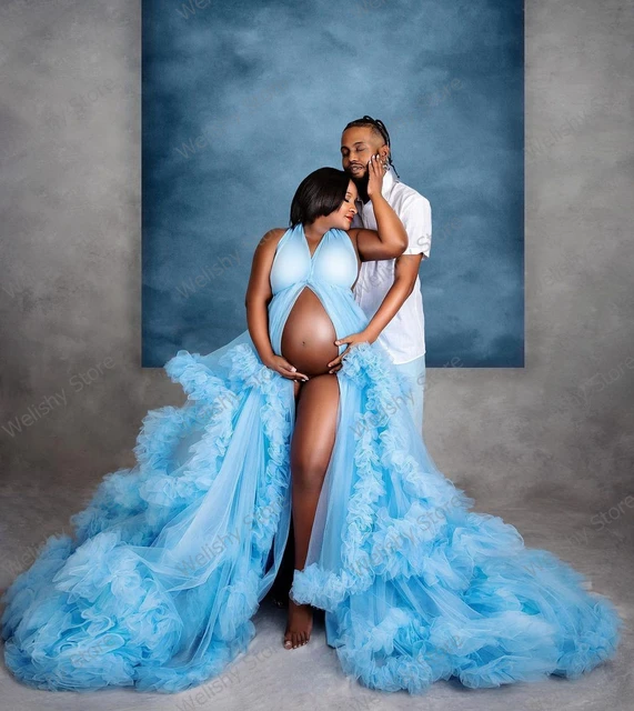 Chic Sexy Sky Blue Bridal Ruffled Tulle Robe Dresses Women Maternity Dress  Gown Lush Mesh Long Pregnant Robes Photo Shoot Custom - AliExpress