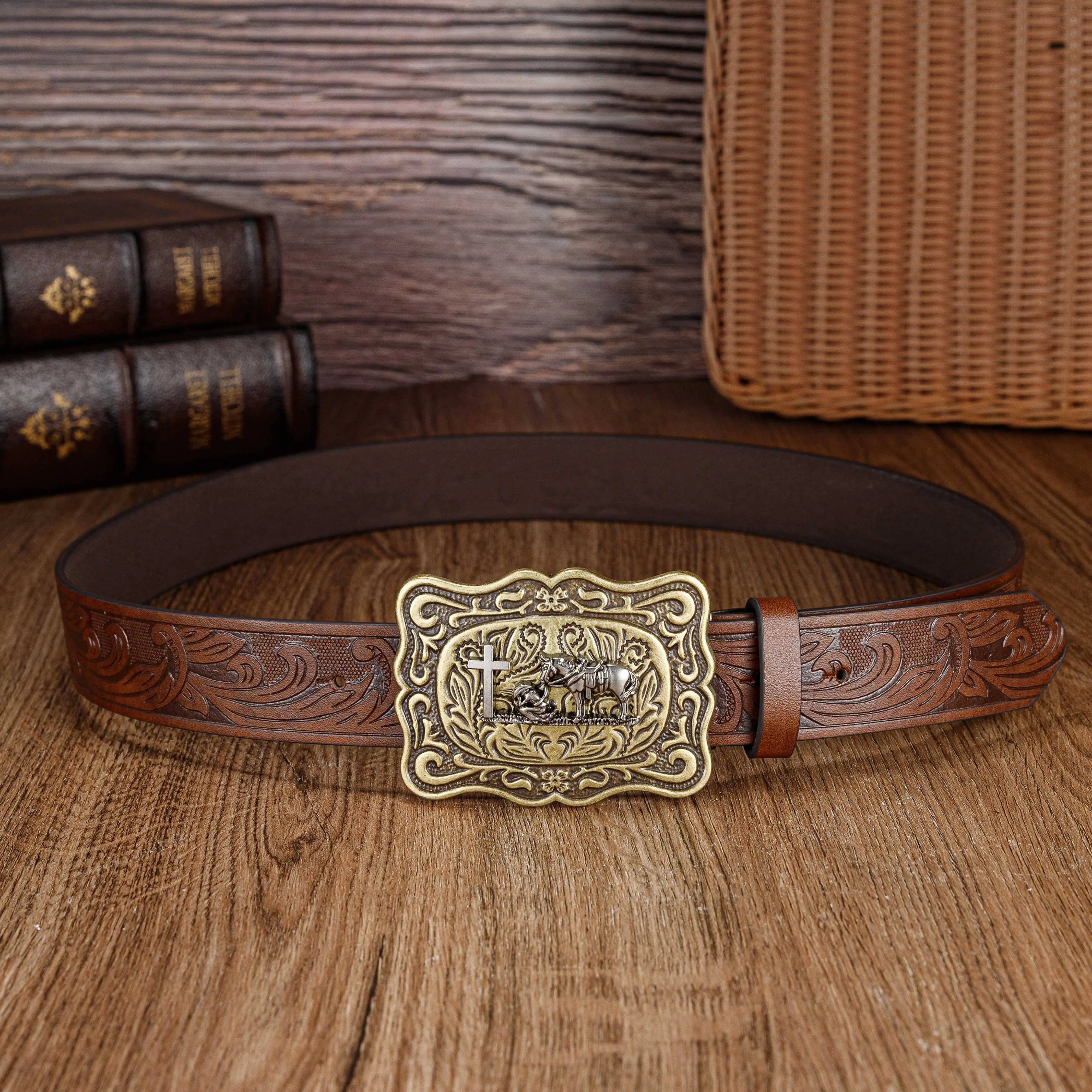 Da Ban Ma3.7cm wide men's and women's Western retro style cowhide denim style cowhide leather belt with smooth buckle