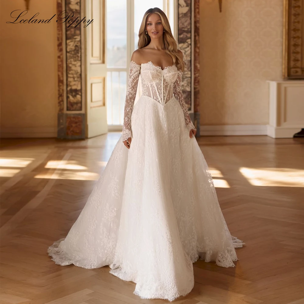 Lceland Poppy Customized A Line Strapless Lace Wedding Dresses Illusion Bridal Gowns with Court Train
