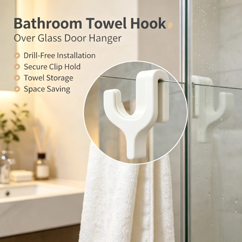 Dormitory household durable 3D shower door towel hook, glass door clip type, no drilling required, saving bathroom storage rack