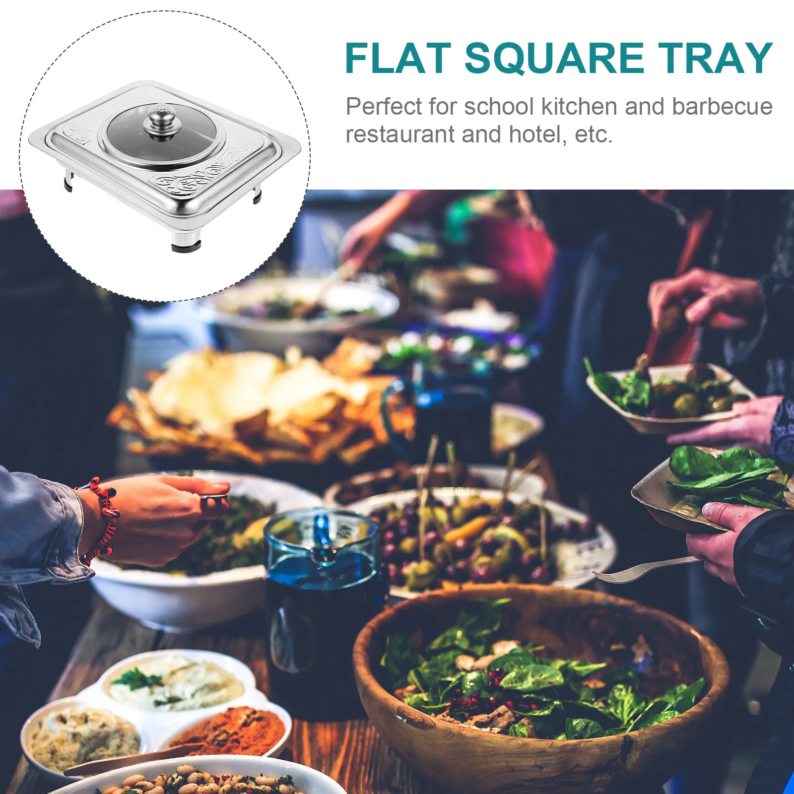 

1pc Stainless Steel Food Tray Thickened Flat Square Dish Smooth Surface Easy Clean Transparent Cover Rounded Corners Multi-Use