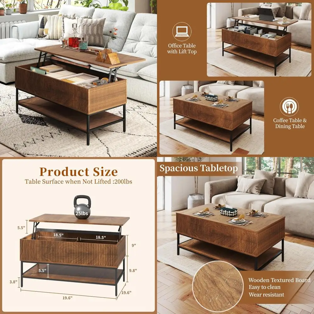 

Modern Multifunctional Wooden Coffee Table with Storage and Lower Shelf, 39.2 Lift Top Center Table for Contemporary Living Spac