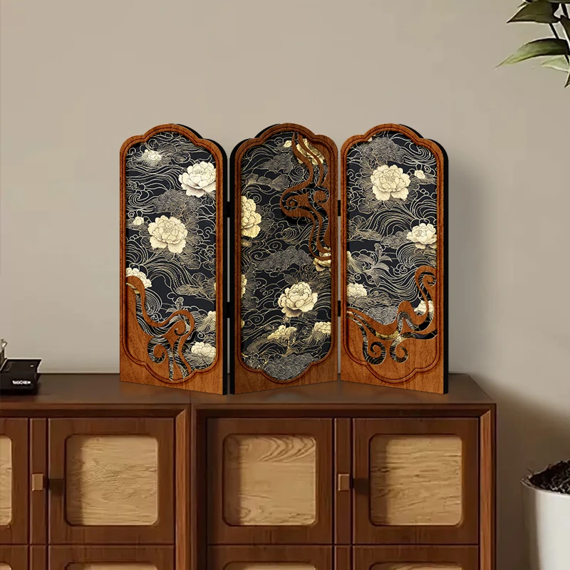 HandPainted Chinese Folding Screen Peony Room Divider for Living Room/Office Vintage Tabletop Cabinet for Decor Space Divider