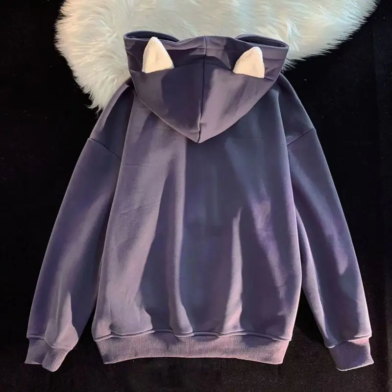 Sudadera con capucha de demonio para mujer, suéter con diseño de orejas de gato, sudadera suelta Coreana de felpa, sudadera con cremallera, y2k,