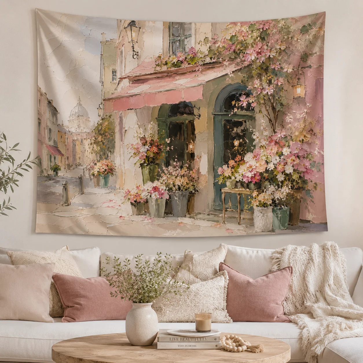 Vintage Paris Street Tapestry Wall Hanging Boho Floral Cafe Wall Art Fabric Poster for Bedroom Dorm Living Room Decor