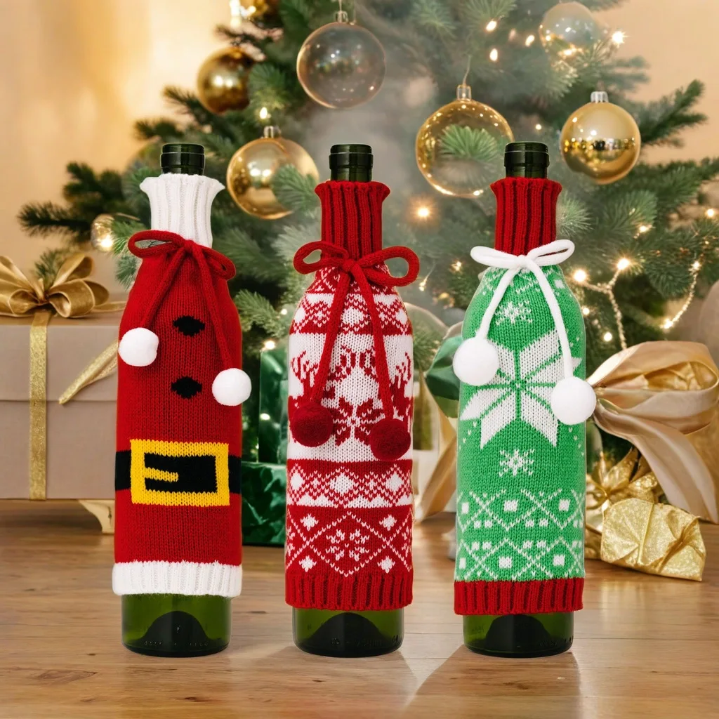 

3pcs/set, Christmas Cloth Knitted Wine Bottle Cover, For Holiday Scene Layout Christmas Snowflake Table Decoration