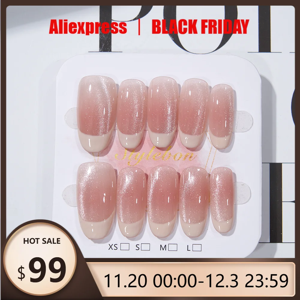 

10 шт., ручная работа, пресс для ногтей, средний овальный розовый край, французский кошачий глаз, вспышка, полное покрытие, съемные ногти для женщин и девочек