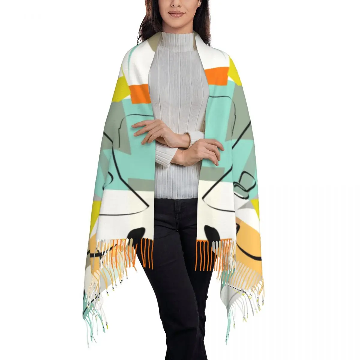 Fashion Mid Century Modern Abstract Art Tassel Scarf Women Winter Fall Warm Shawls Wraps Ladies Minimalist Geometric Scarves