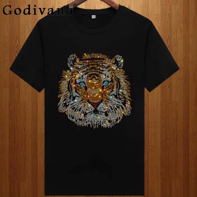

Europe Summer Personalized Hot Diamond Printing Short Sleeve T-shirt Handsome Men Fashion Round Neck Loose Leisure Chic Tops