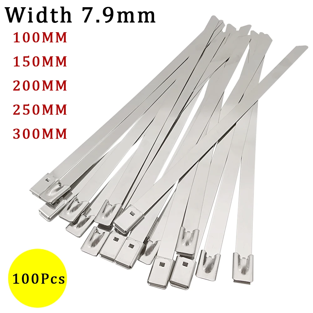 100Pcs Stainless Steel Cable Ties Width 7.9mm Metal Multi-Purpose Locking Wire Zip Tie Indoor Outdoor Strong Drawstring Straps