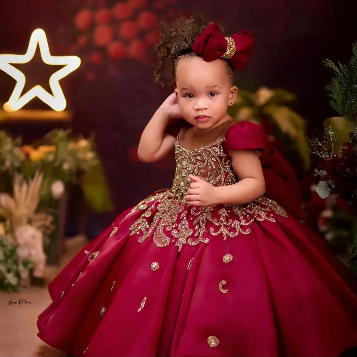 

Burgundy Flower Girl Dresses for Wedding Lace Appliques Princess Birthday Gowns for Photoshoot First Communion Gowns Customized