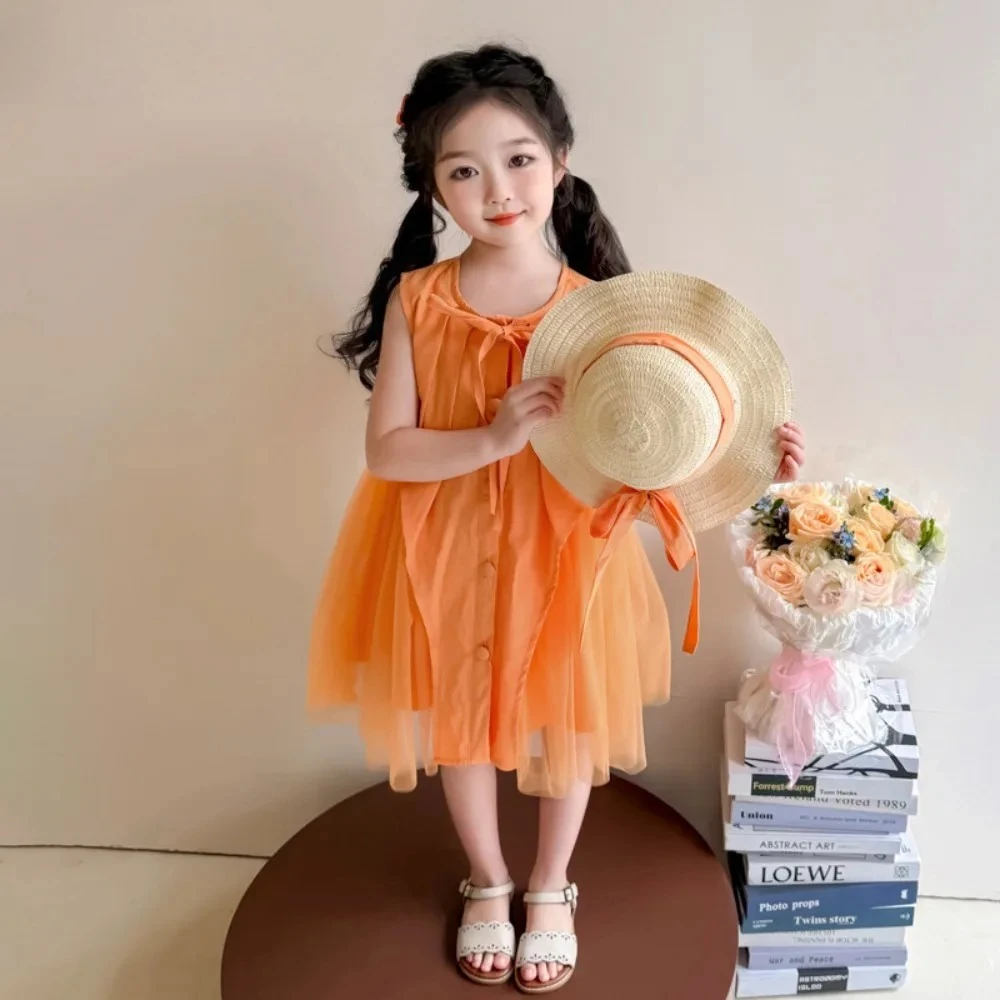 

Summer New Solid Color Mesh Princess Dress Girls' Casual Clothes Vacation Daily Wear Children Aged 4-8 Korean Version Fashion