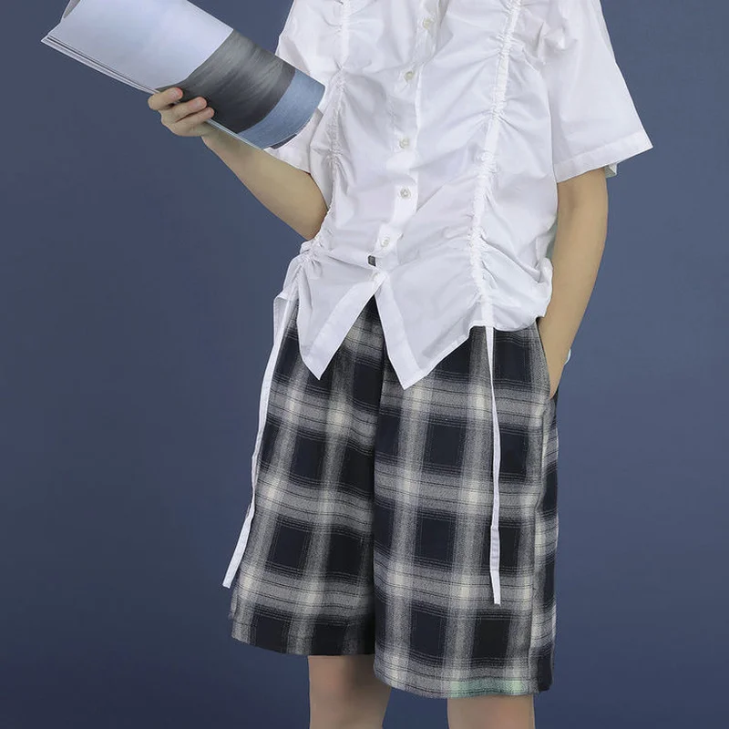 

Клетчатые шорты женские унисекс универсальные до колена повседневные уютные эластичные талии модные летние брюки бойфренда прямые Ulzzang Chic