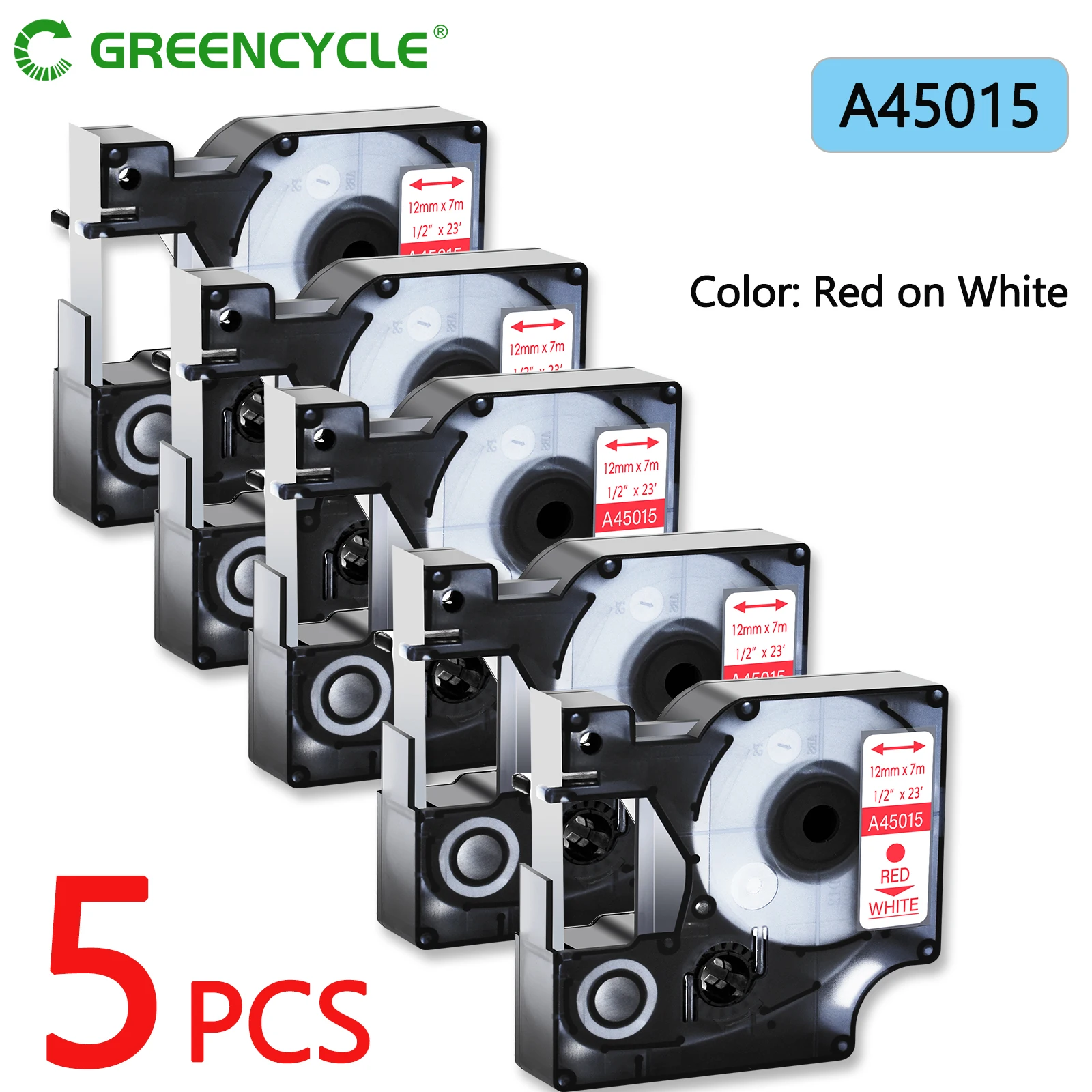 

GREENCYCLE 5PK Red on White Label 12mm x 7m Compatible For Dymo D1 45015 Cartridge Cassette For Printer Dymo 100 120P LabelManag