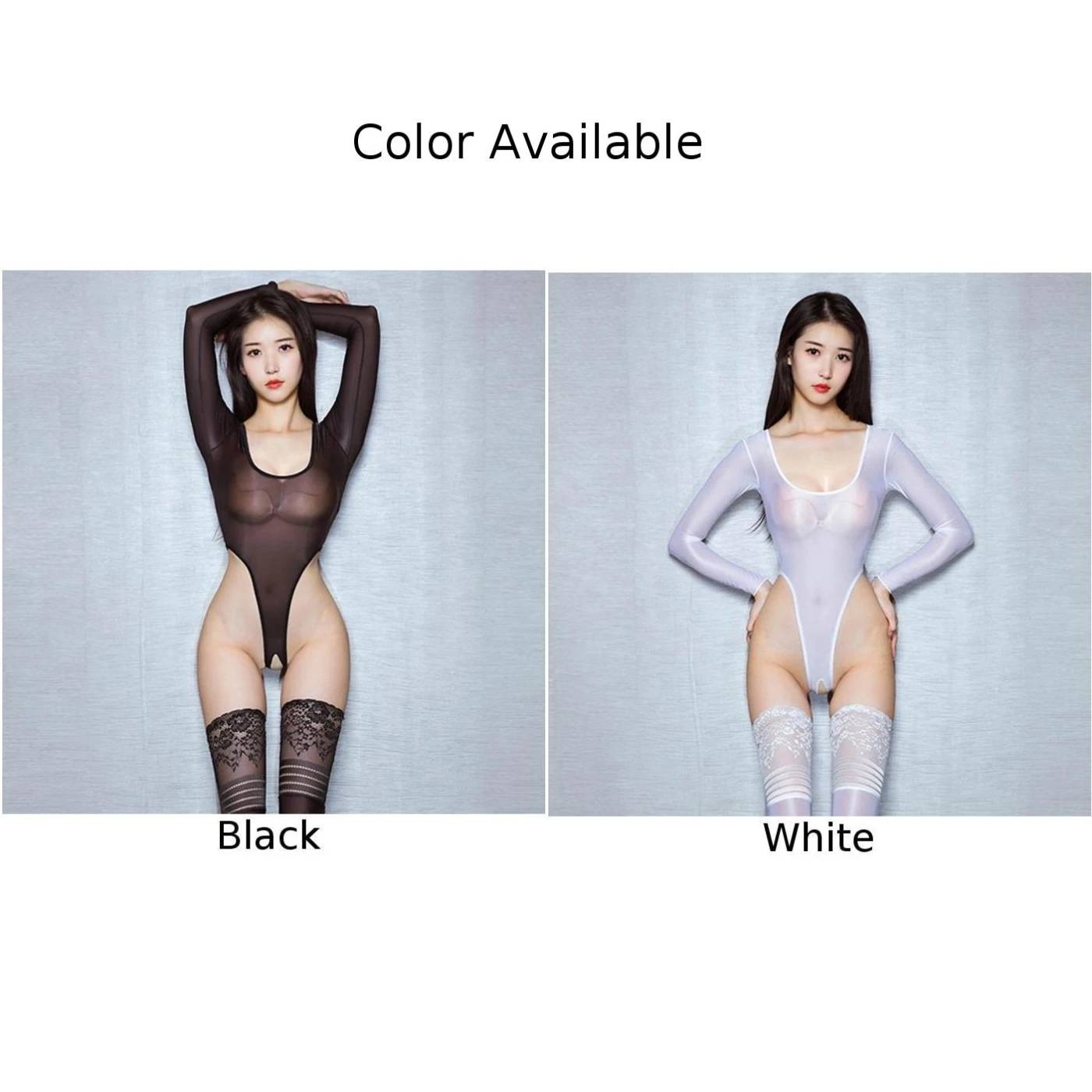 Body transparente de manga larga para mujer, mono Sexy sin entrepierna de corte alto, lencería erótica, leotardo brillante al óleo, ropa de dormir transparente