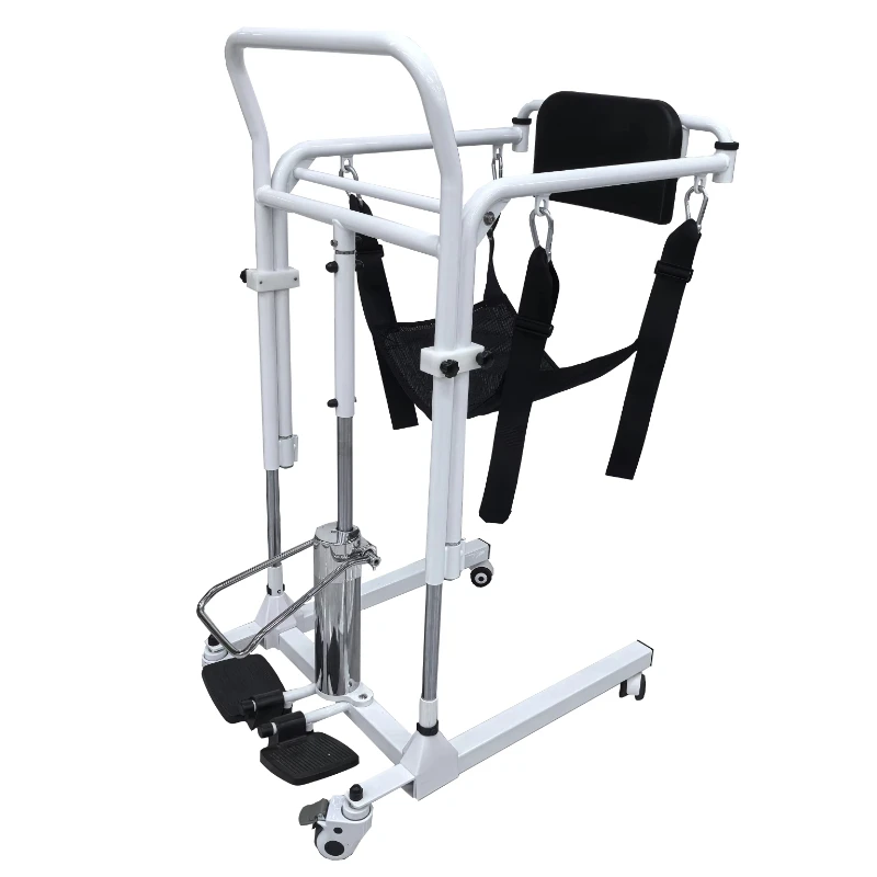 Hydraulic patient lift transfer chair for the care of the elderly with reduced mobility (4-in-1 function)