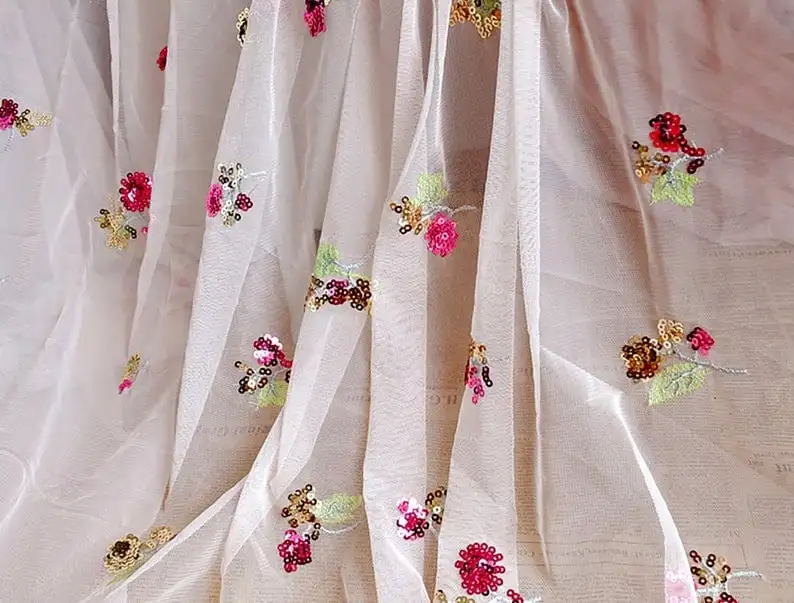 

1 Yard Pink Sequin Flower Lace Fabric Small Flower Soft Tulle Fabric for Wedding Gowns, Summer Dress, Boho Dress, Shirt,
