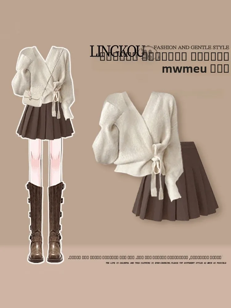 

Корейский женский вязаный свитер и плиссированная юбка, комплект больших размеров, осенняя модная повседневная одежда, комплект из двух предметов