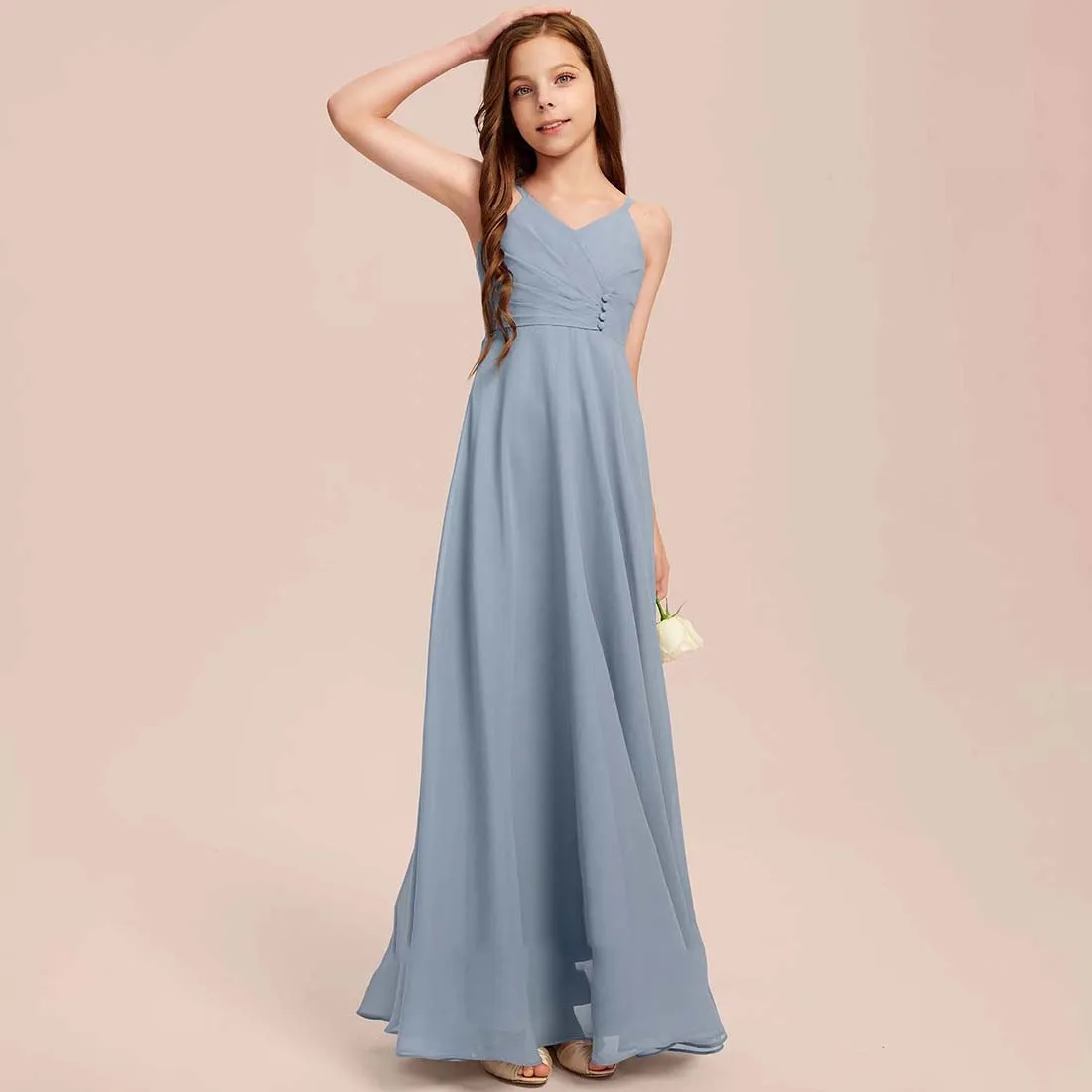 YZYmanualroom Chiffon Junior Bridesmaid Dress A-line V-Neck Floor-Length 2-15T