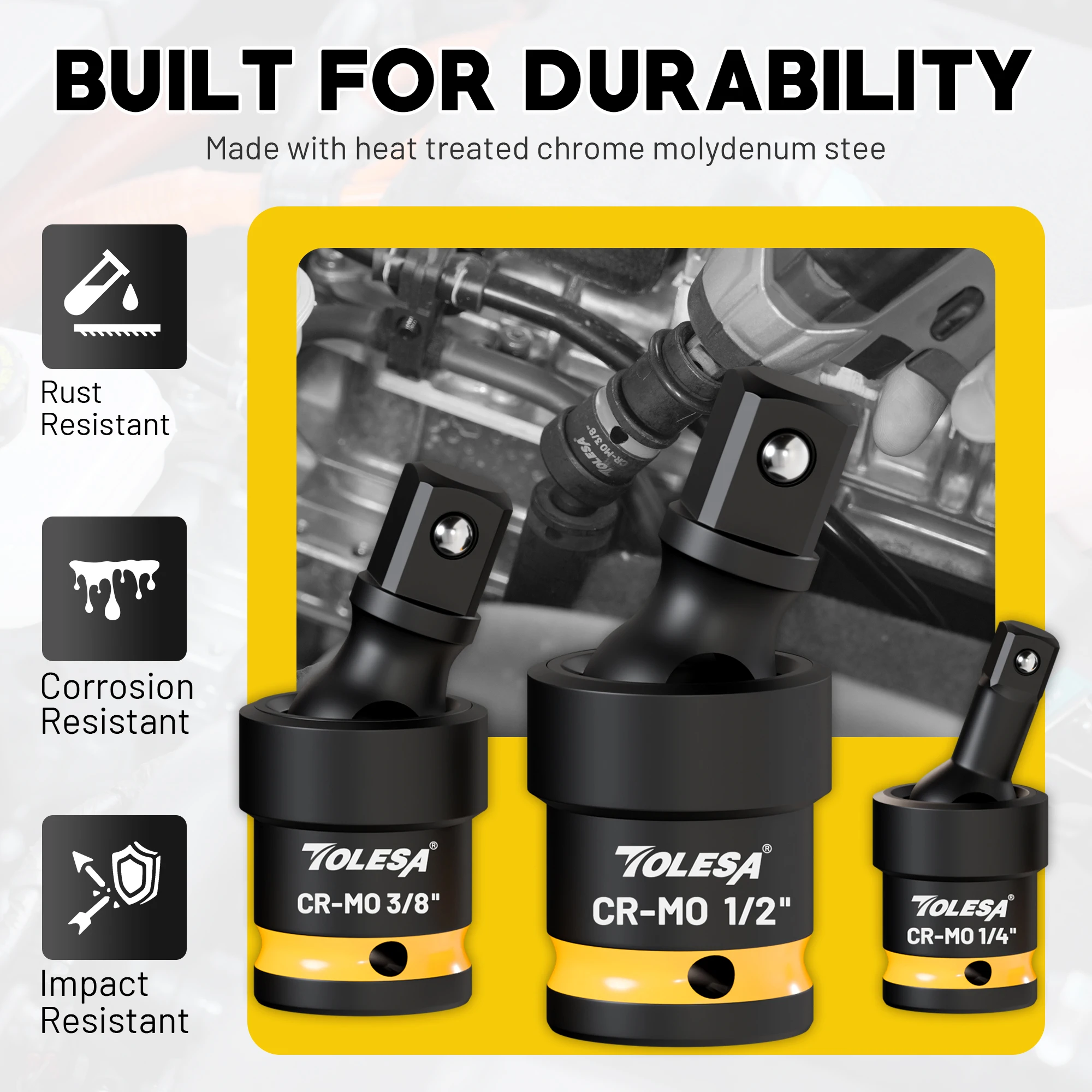 TOLESA 3 قطعة مجموعة مقابس دوارة العالمي المشترك المقبس تأثير مقبس دوار 1/4 "3/8" 1/2 "محرك مجموعة تمايل المقبس أداة ملحق #5