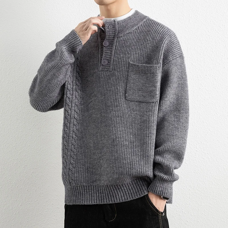 

Мужской вязаный свитер в японском ретро-стиле, осенне-зимний, с высоким воротником, теплый базовый слой, свободный крой, американский трендовый бренд, повседневный, с длинными рукавами