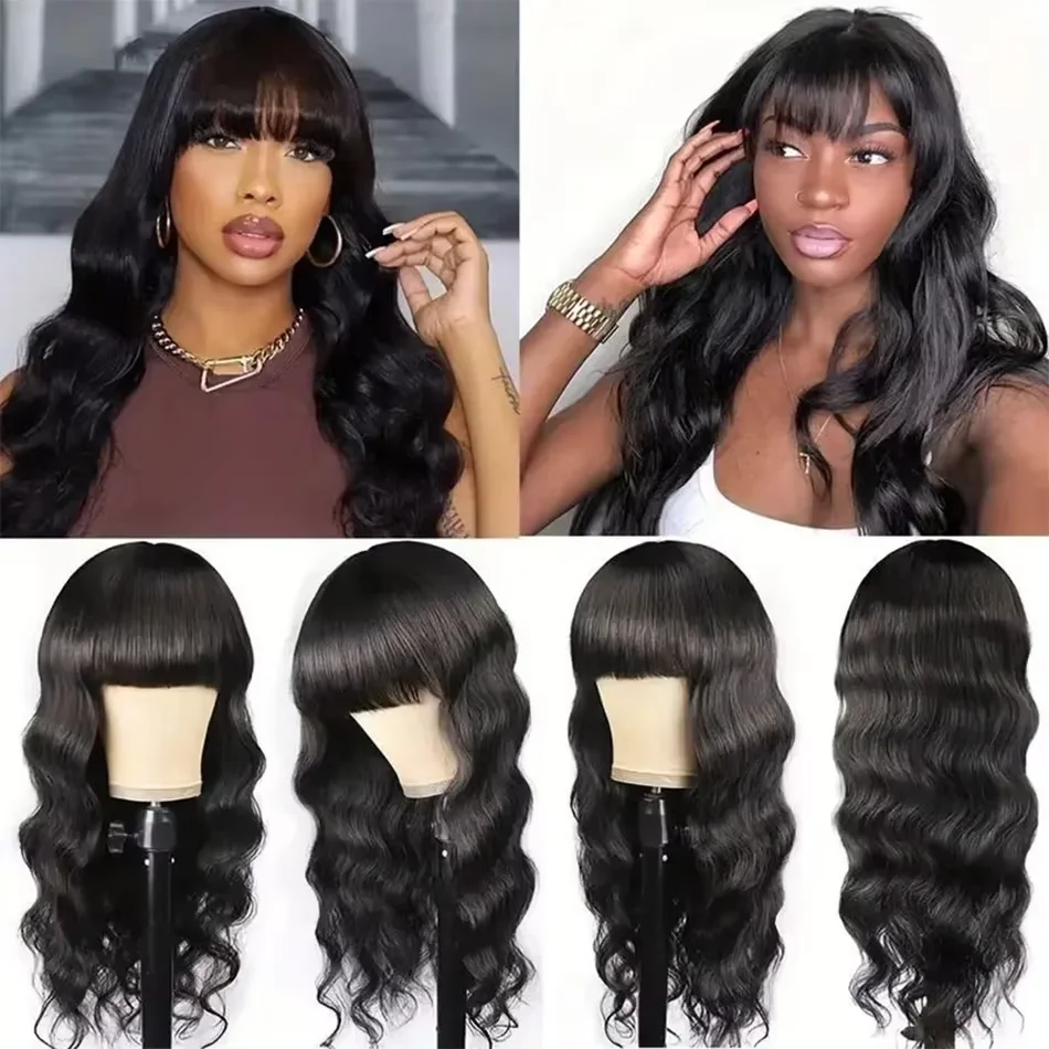 Best Body Wave Wig With Bangs Brazilian Human Hair Wig On Sale Full Machine Made Fringe Wigs For Women 100% Original Human Hair