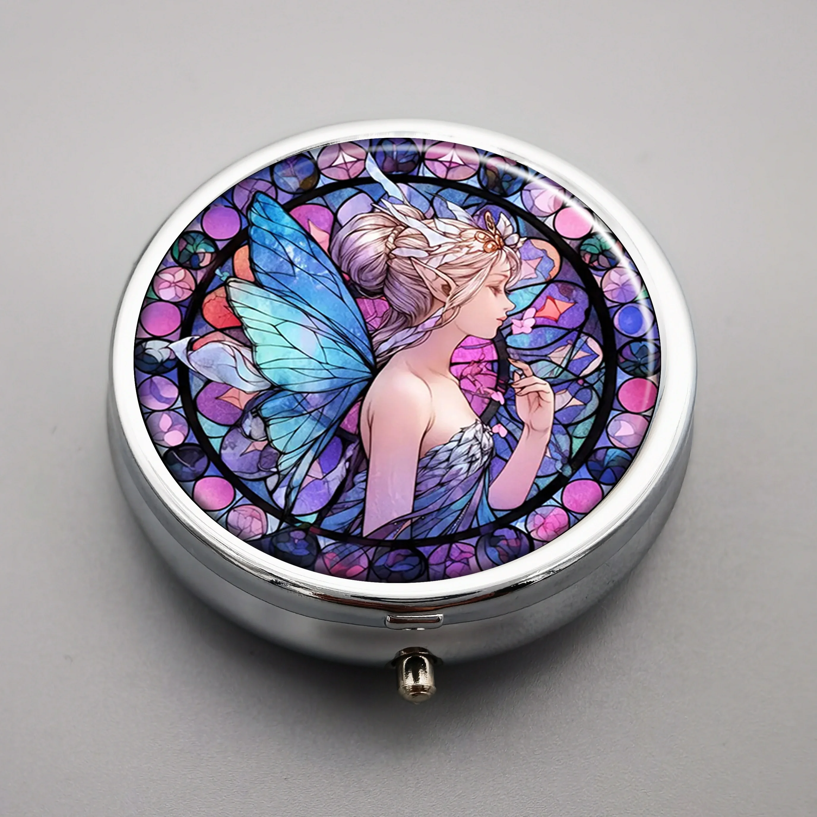 

fairy design pill box,3 compartments, portable metal drug storage box,decorative vitamin holder for pocket or purse,gift ideas