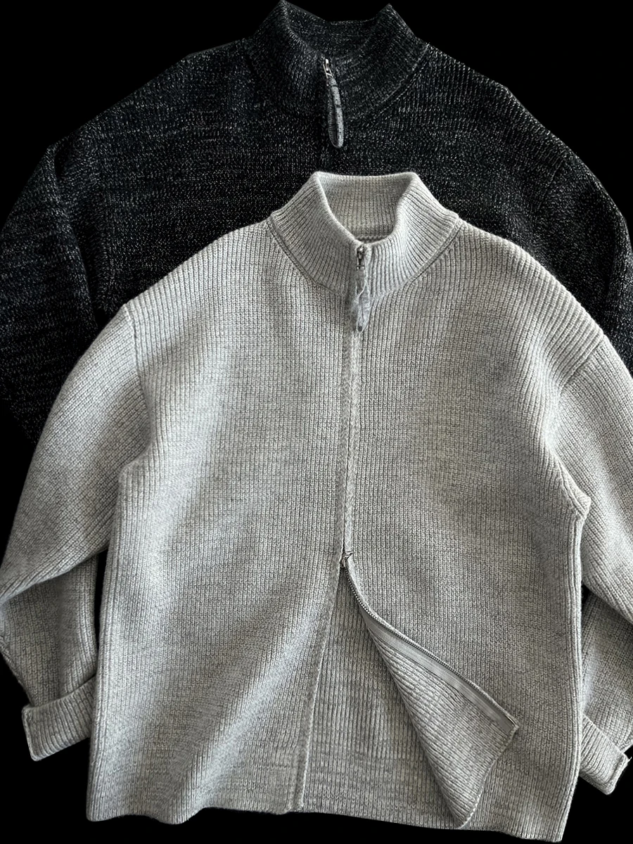 

Heavyweight Retro Japanese Sle Knitwear Double Zipper Stand Collar Open Cardigan Sweater Warm Lazy Knitted Outerwear for Men