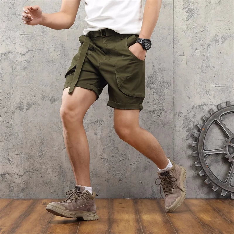 Men's Summer Multi Pockets Cargo Shorts with Belt Fashion Retro Style Solid Color Casual Shorts Outdoor Shorts