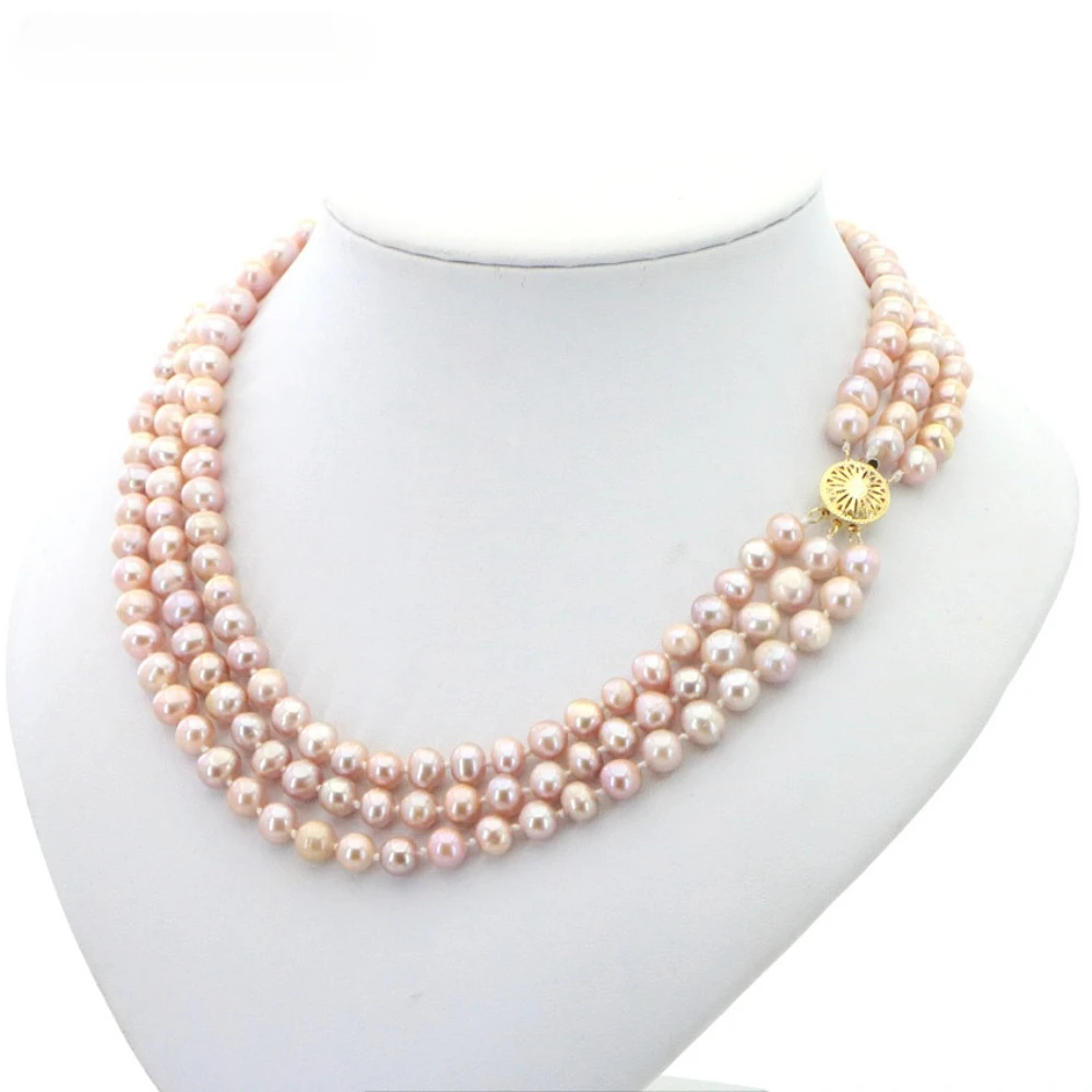 3 Rows Freshwater Pearls Necklace Wedding Jewelry Set for Women 7-8mm Beads Multicolor Selection Birthday Party Clavicle Chain