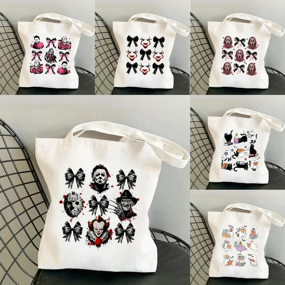 

Película de terror payaso Leatherface Ghostface tema bolso de lona para viajes viajes Yoga compras bolso de hombro reutilizable