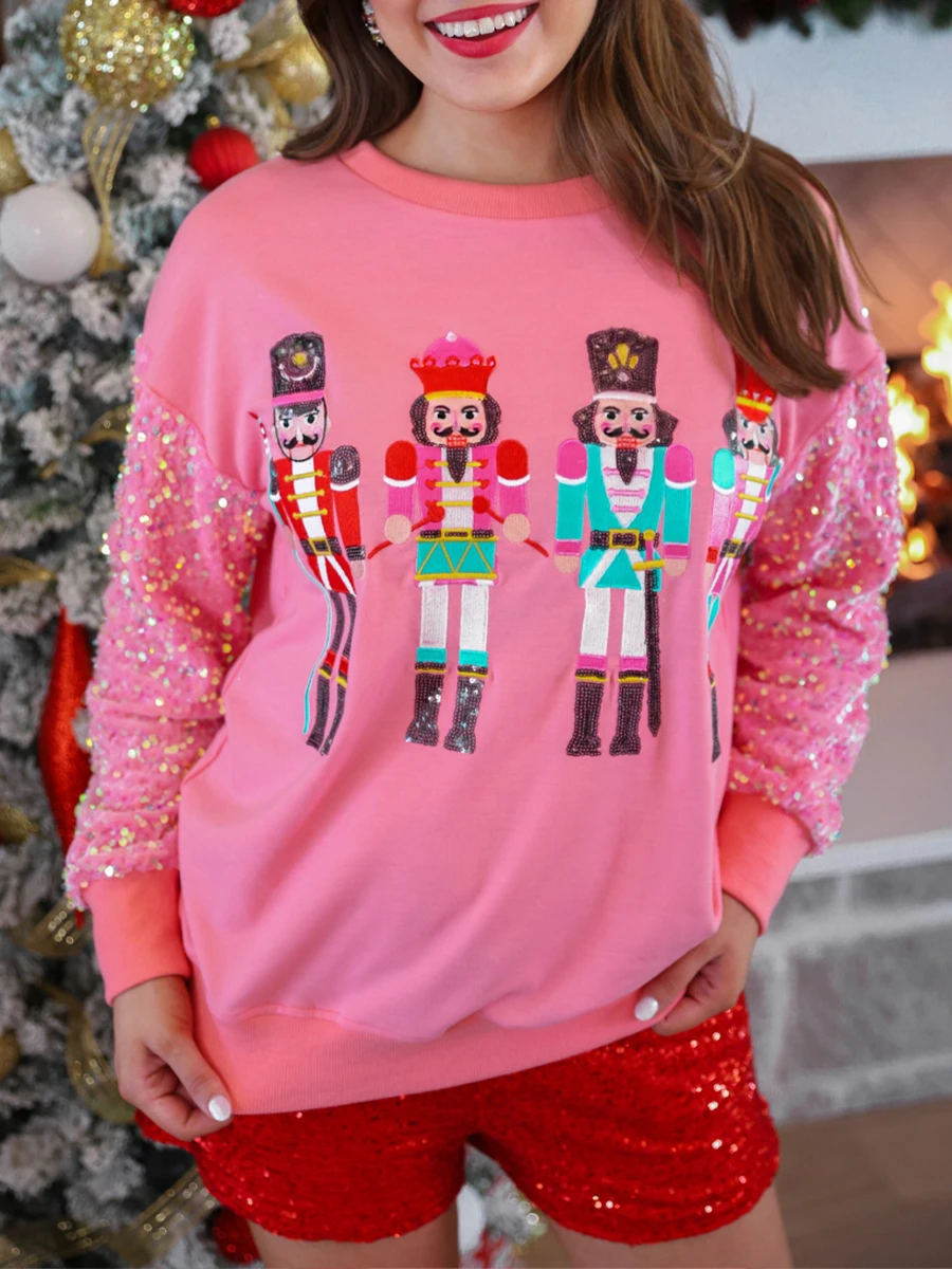 Y2K Christmas Sweater Nutcracker Ballet Sparkly Sequin Long Sleeve Shirt Cute Santa Sweatshirt Pullover Sweaters for Women