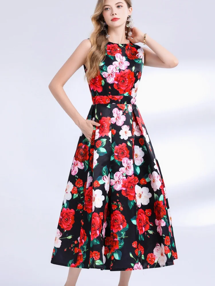 SMTHMA ผู้หญิงดอกไม้พิมพ์ฤดูร้อนชุด O-คอแขนกุดเอวสูง Big Swing ชุดปาร์ตี้ฤดูร้อน Boho วันหยุด Beach Sundress