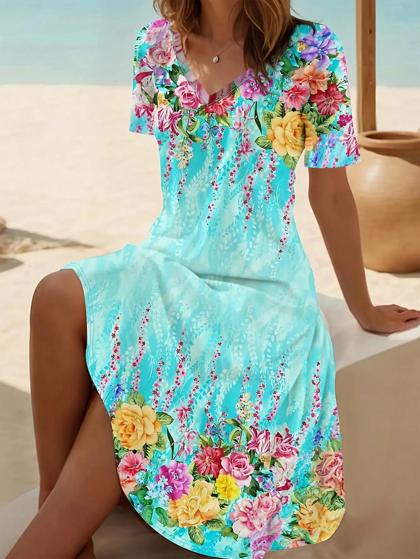 

Женское летнее платье с V-образным вырезом, короткими рукавами и цветочным принтом, свободного кроя, для пляжного отдыха