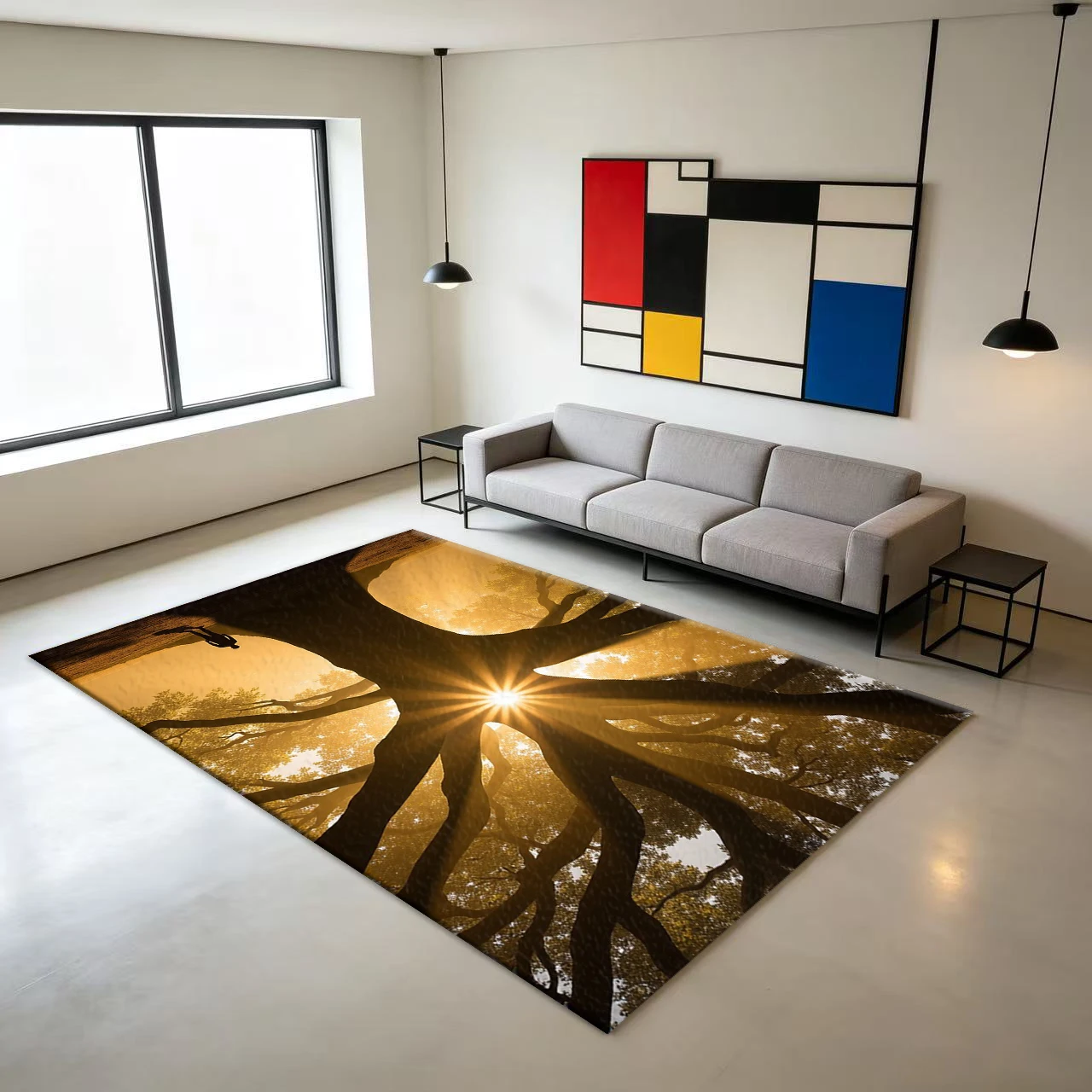Golden Sunshine Big Tree Silhouette Carpet Floor Mat Forest Nature Scenery Non-Slip Floor Mat for Home Use