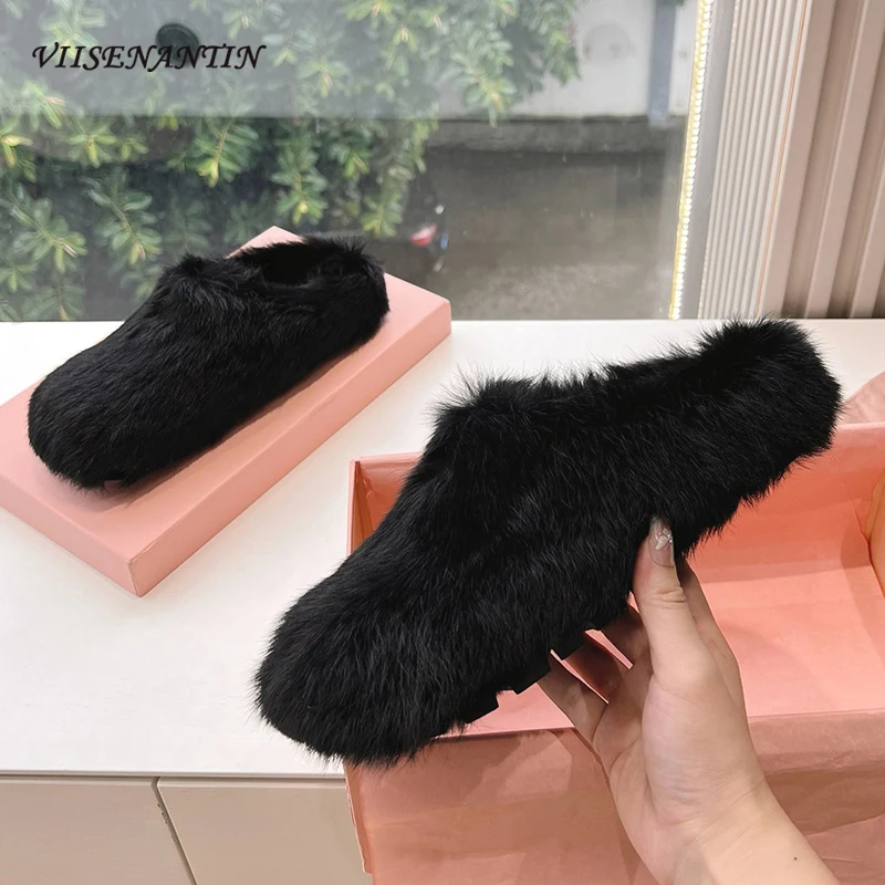 

Autumn Winter New Warm and Comfortable Mules Shoes Wool Fur One Piece Flats Half Slippers White Black Solid Walking Causal Shoes