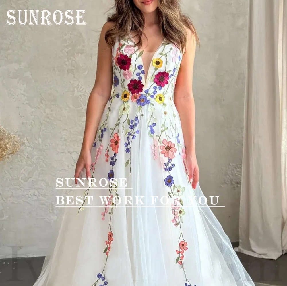 SUNROSE Colorful Floral Embroidered Wedding Dresses 2025 V Neck Backless Rustic Boho Bridal Gowns Garden Bride Dress Customized