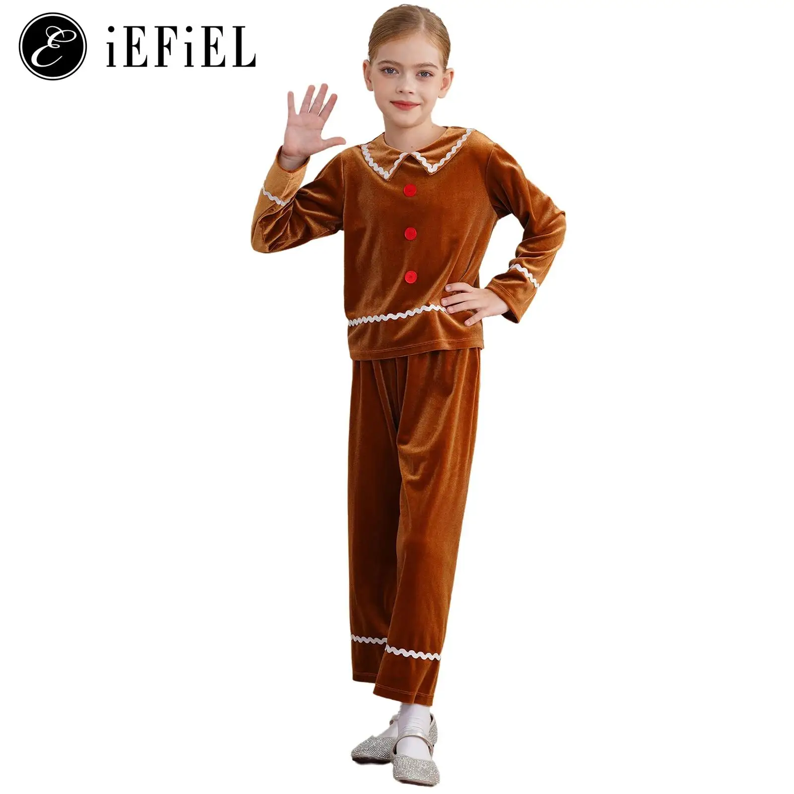 Girls Christmas Cookie Gingerbread Man Pajama Set Costume Velvet Long Sleeve Top wit Long Pant Holiday Pjs Party Costume