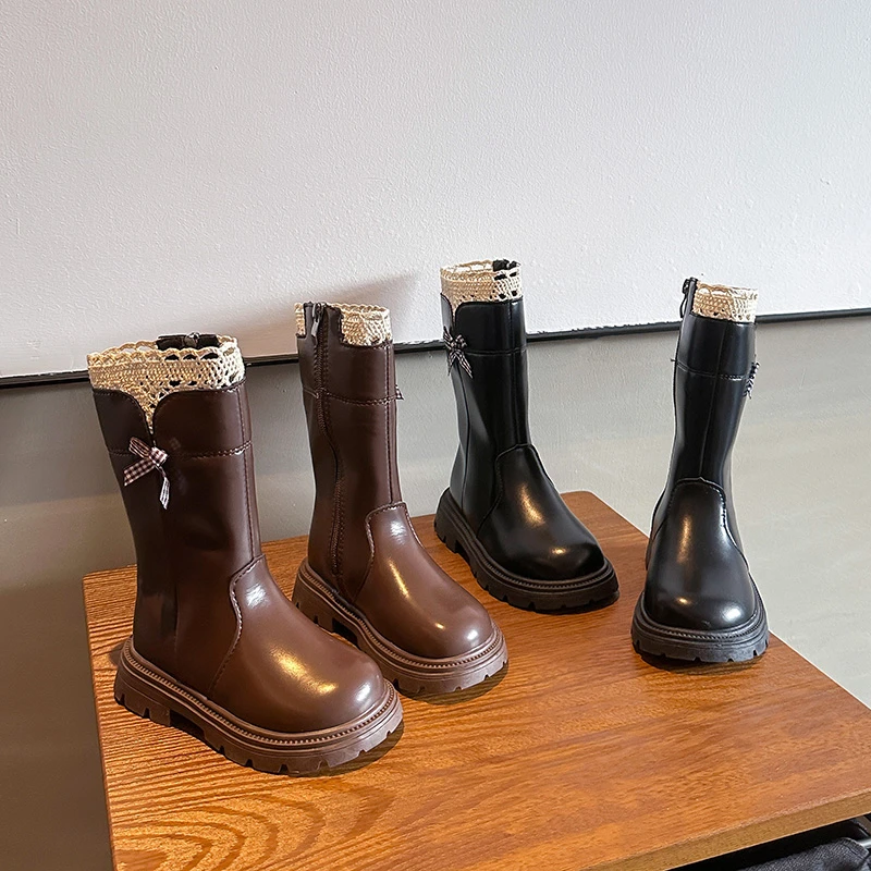 Girls Mid-calf Boots Korean Style Versatile Kids Leather Boots Sweet Lace 2025 Autumn Winter Children Princess Boots Side Zipper