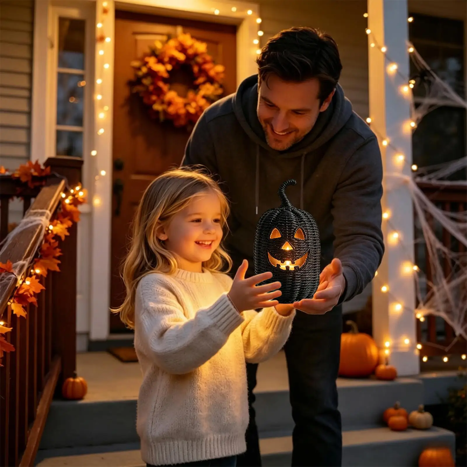 Pumpkin Lanterns With Candle Resin Black Halloween Desk Decor Horror Table Pumpkin Light For Home Dining Table Bookshelf