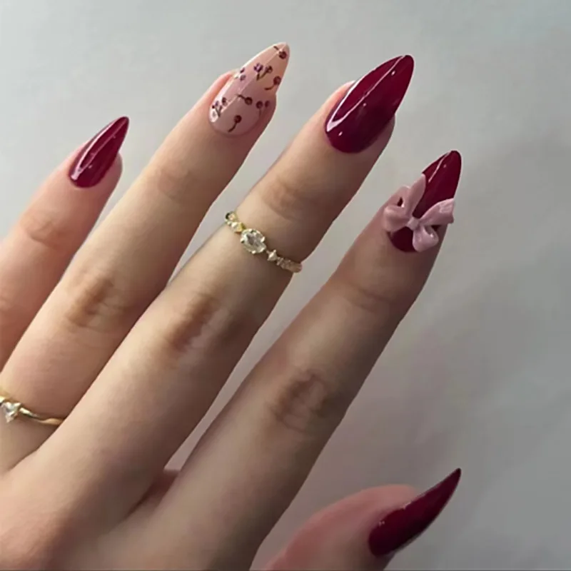 

24pcs Solid Color Cherry Bow Fake Nails with Design Red Almond Press on Nails Girls Medium Long Decorated False Nails Acyrlic