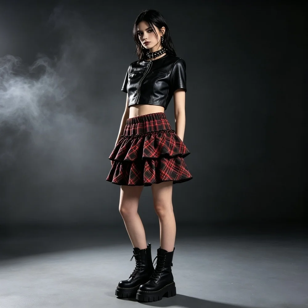 Women Y2K Preppy Style Plaid Skirt Japanese Cute Ruffled Cake Skirts Punk Rock Subculture Aesthetic Casual Flowy Layered Skirt