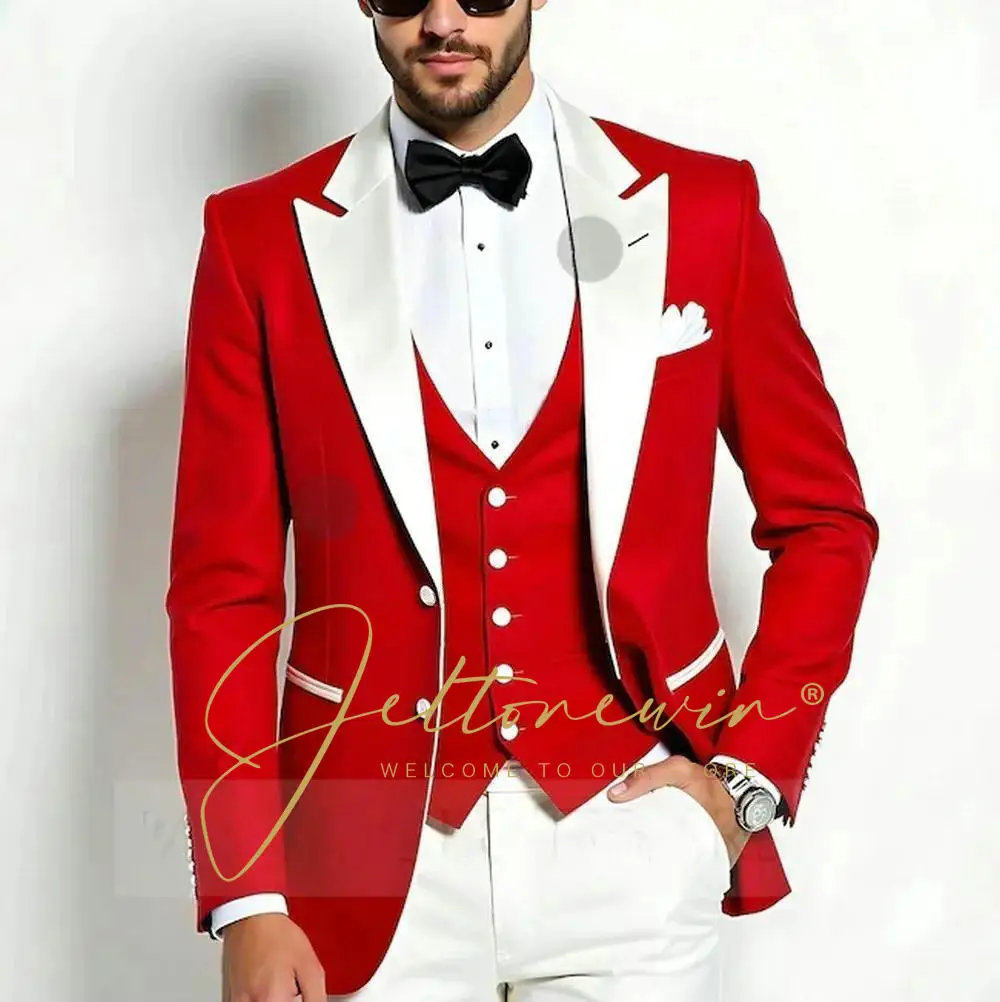 

Red Slim Slit Mens Suits 3 Piece White Peaked Lapel Formal Groom Tuxedos for Wedding Groomsmen Suits Men 2025 (Blazer+Vest+Pant)
