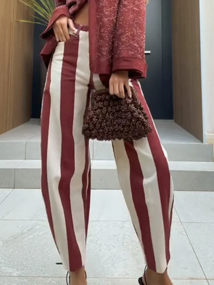 Fashion Stripe Contrast Women's Pants Loose Zipper Button Pocket Sickle‑shaped Trousers 2026 Spring Summer Lady Street Outwears