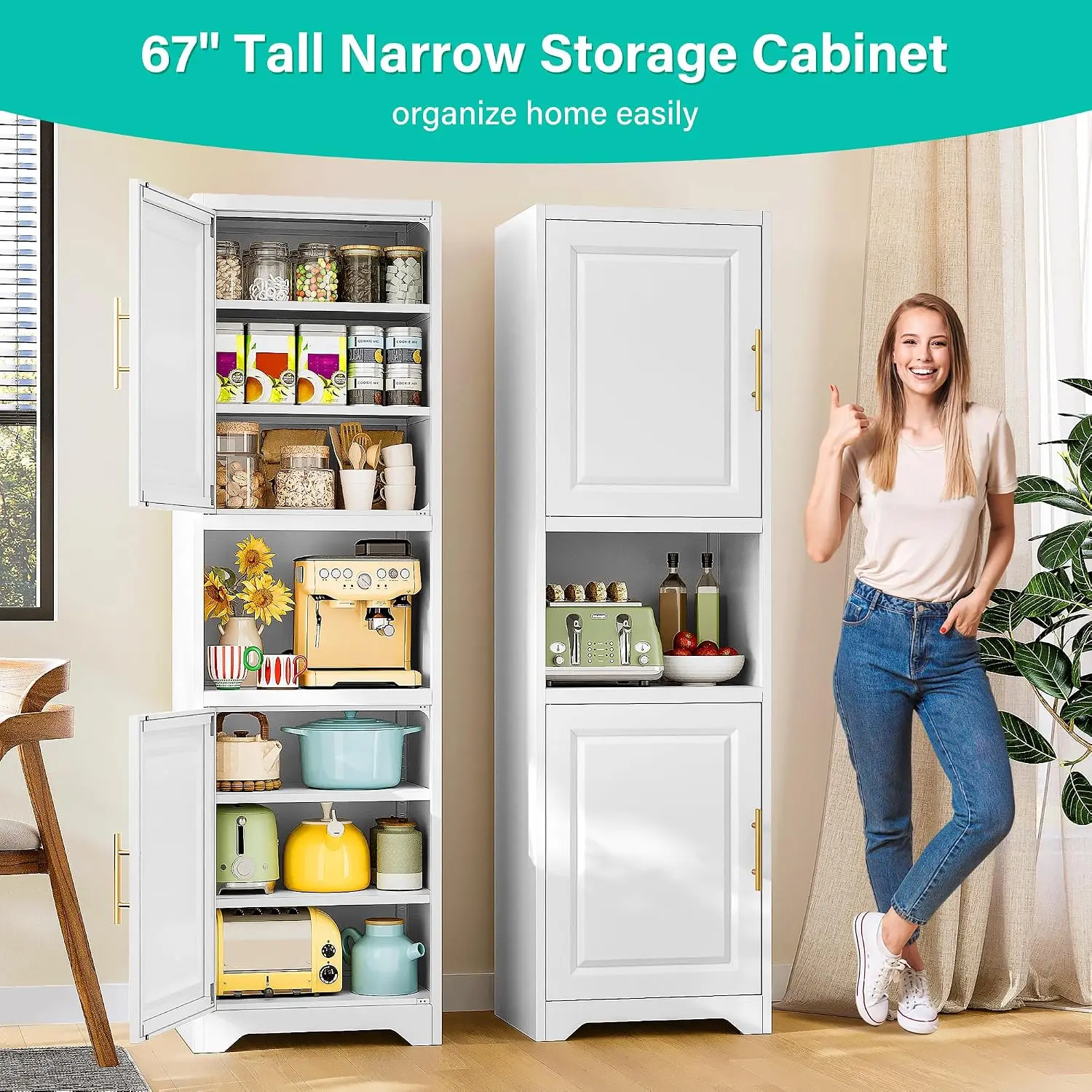 67 Inch Tall Narrow Storage Cabinet With Two Doors And Seven Shelves Slim Kitchen Pantry Metal Bathroom Cupboard Rack Organizer For Laundry Home White