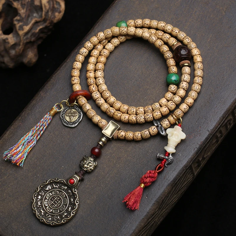 108-bead Buddhist prayer ,-moon Bodhi beads, antique copper nine-eight-pendant, bone Shitadalin