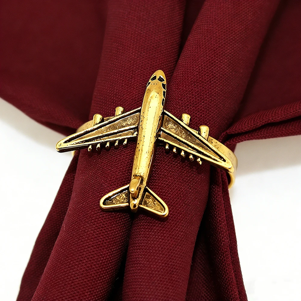 12Pcs Dvianna Antique Gold Airplane Napkin Rings, Metal Aircraft Napkin Holders for Travel Themed Party Table Decor