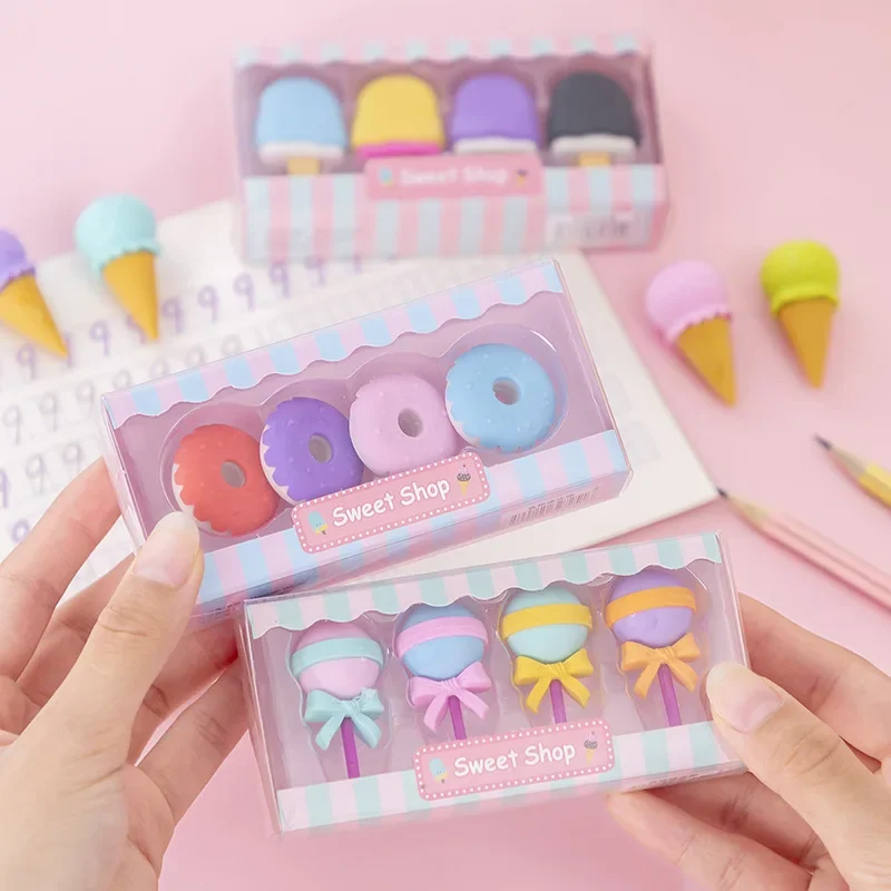 4 pezzi simpatici gomme da cancellare a forma di gelato lecca-lecca cancelleria Kawaii gomma da cancellare in gomma da Dessert carino per forniture per ufficio scolastico per bambini