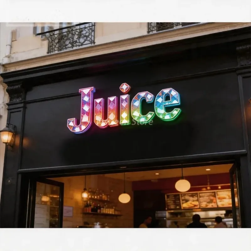 Custom Juice Shop 3D Diamond Cut Letter Sign, Solid Acrylic Faceted Logo Sign, Outdoor Wall Mount Business Storefront Signage