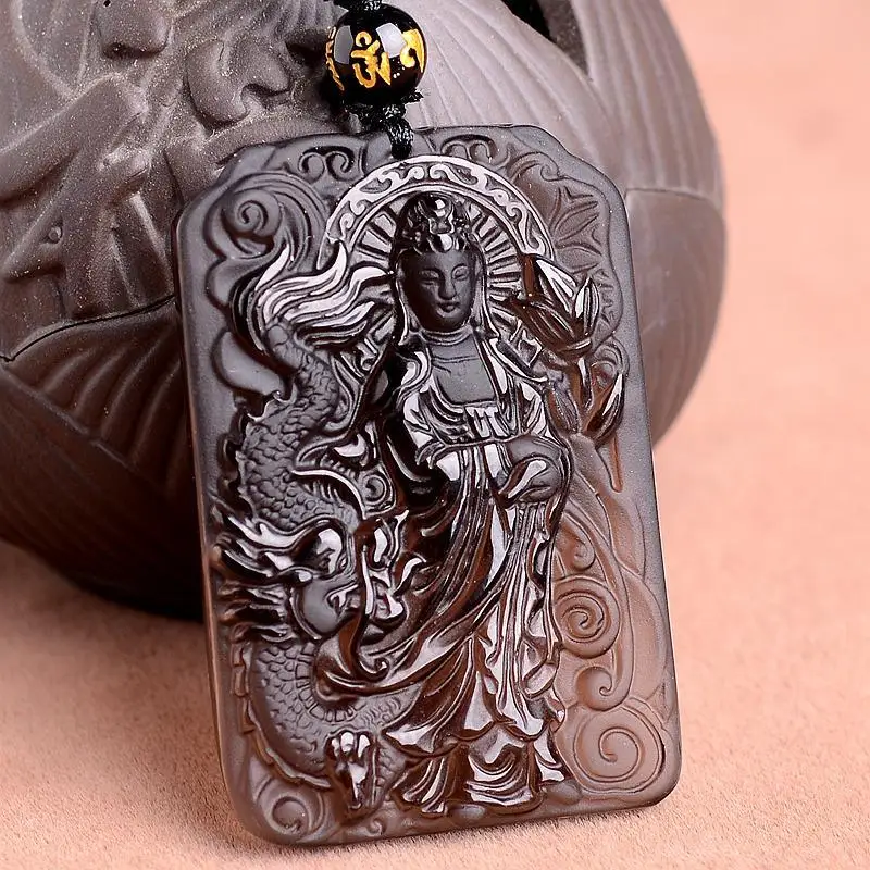 5A Ice Crystal Obsidian Guanyin Pendant Dragon Guanyin Bodhisattva Buming Buddha Peace Patron Saint for Men and Women Necklace